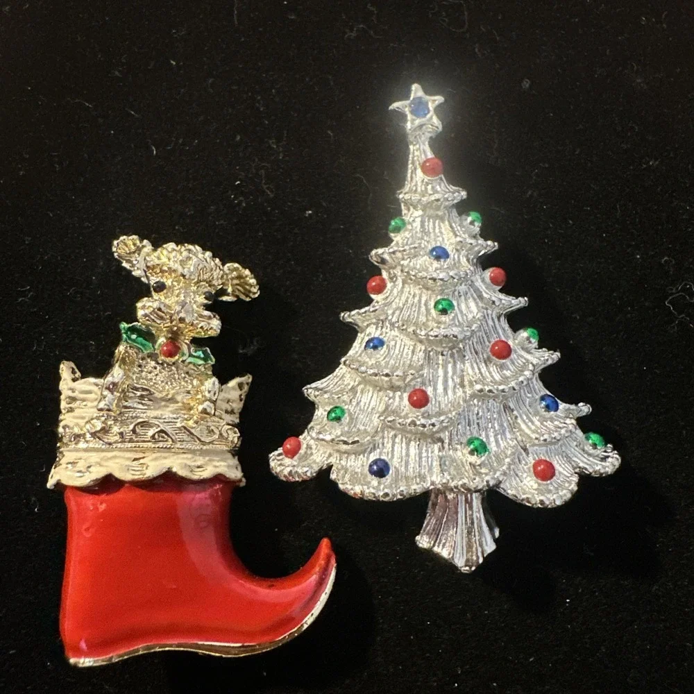 Vintage Gerry's Christmas Brooch Puppy in Stocking Santas Boot & Christmas Tree
